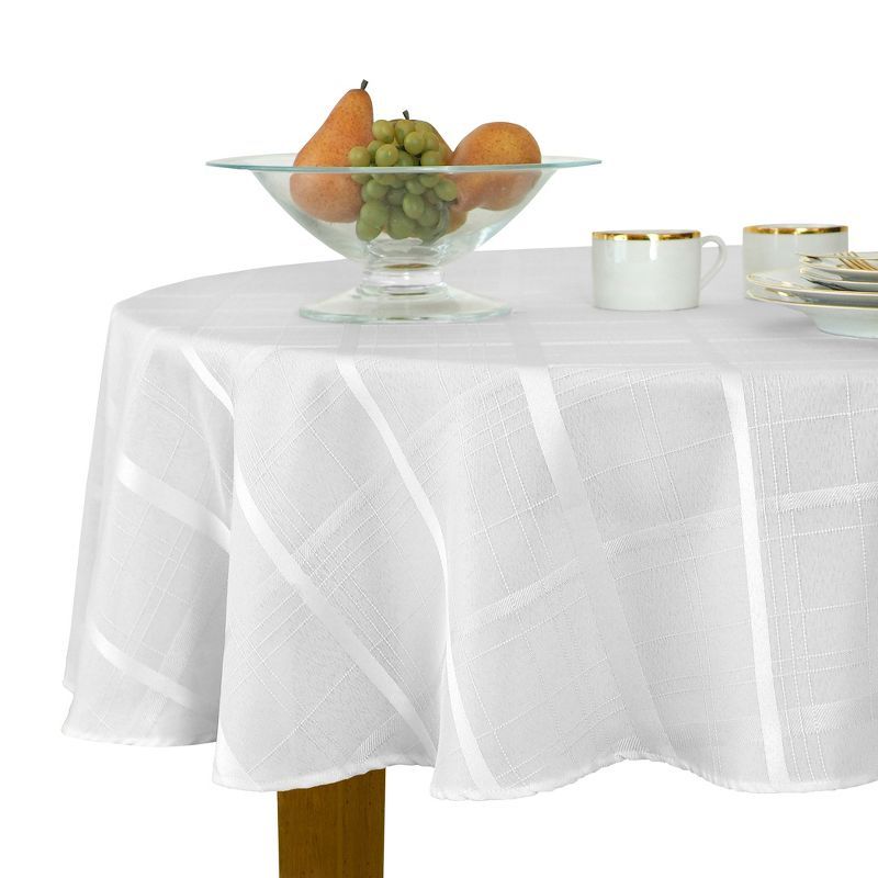 White Geometric Plaid Oval Fabric Tablecloth 60" x 84"