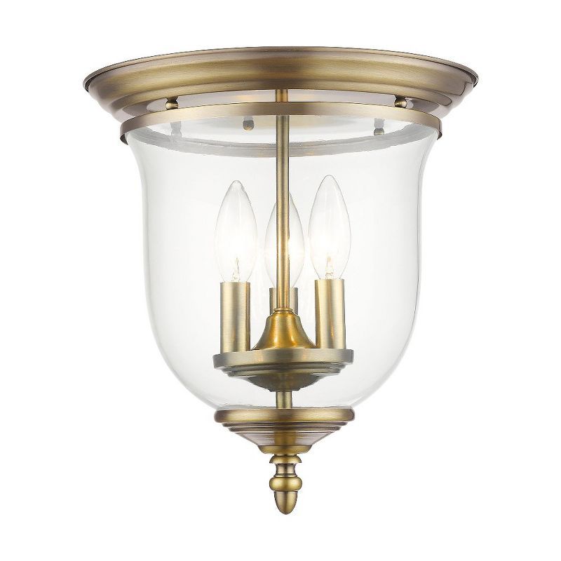 Antique Brass 3-Light Flush Mount with Hand Blown Clear Glass Shade
