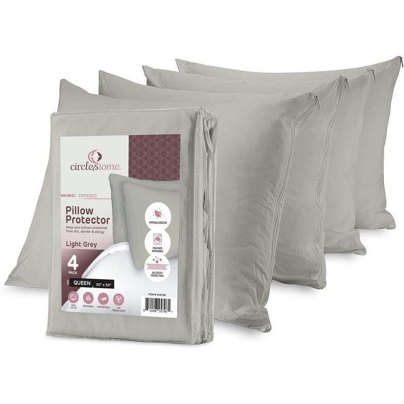 Light Grey Cotton Hypoallergenic Zippered Pillow Protectors, Queen Size, 4 Pack