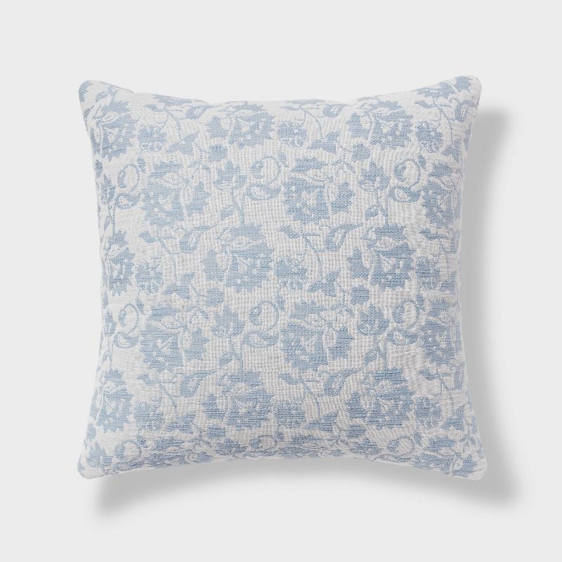 Sky Blue and White Cotton Floral Square Pillow