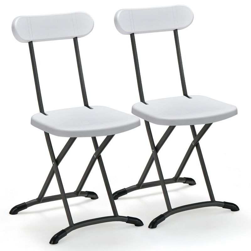 White Folding Chairs with Metal Frame and Ergonomic Backrest, Set of 2