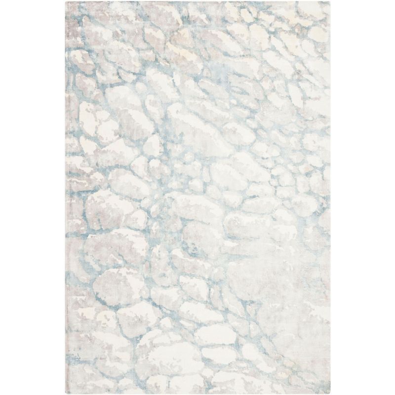 Turquoise and Ivory Hand-Knotted Wool and Viscose Area Rug, 6' x 9'