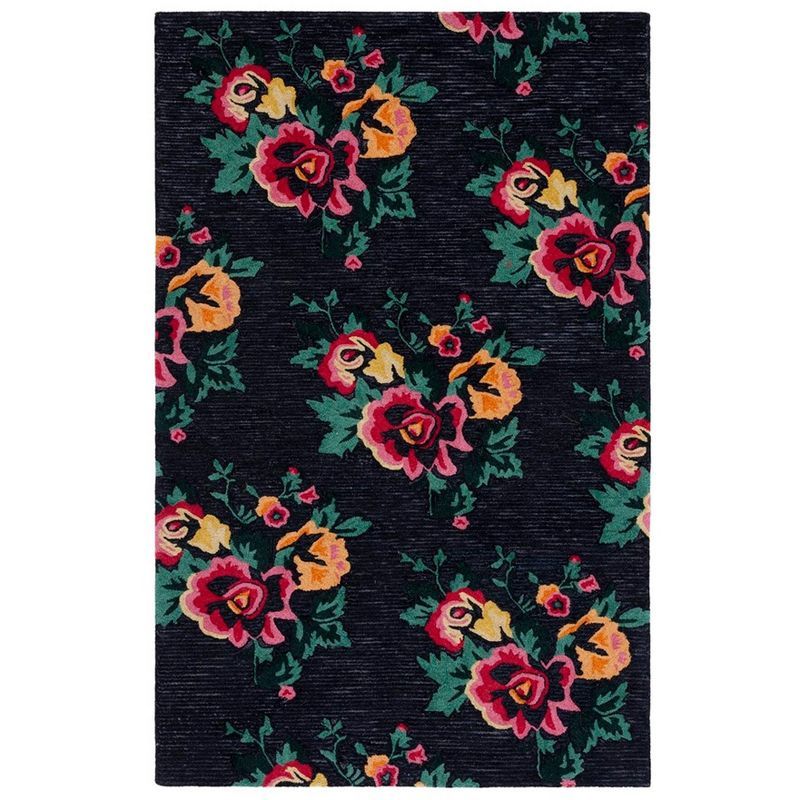 Handmade Black Floral Wool Rectangular Area Rug 3' x 5'