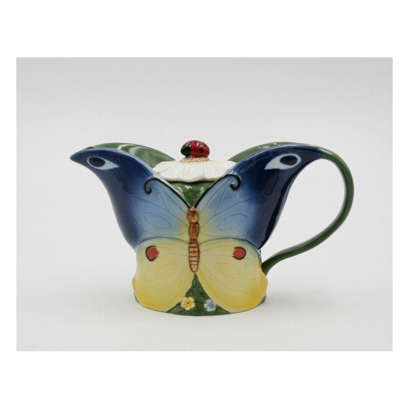 Whimsical Ceramic Butterfly Teapot with Ladybug Lid, 12 oz