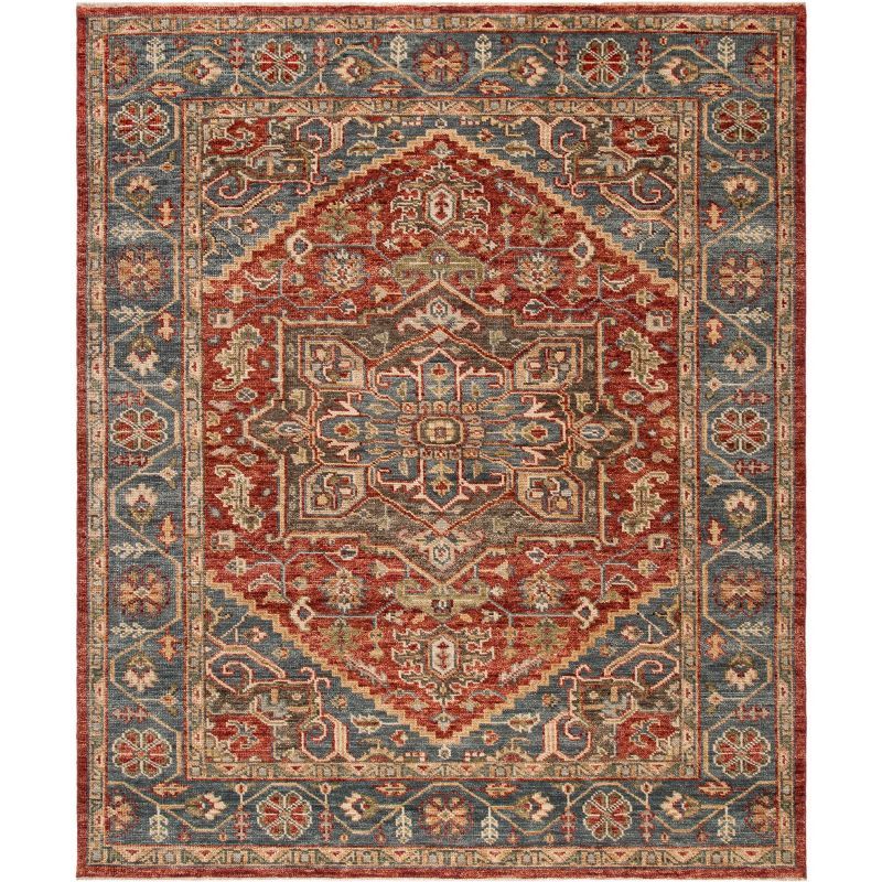 Red and Blue Hand-Knotted Wool 8' x 10' Area Rug