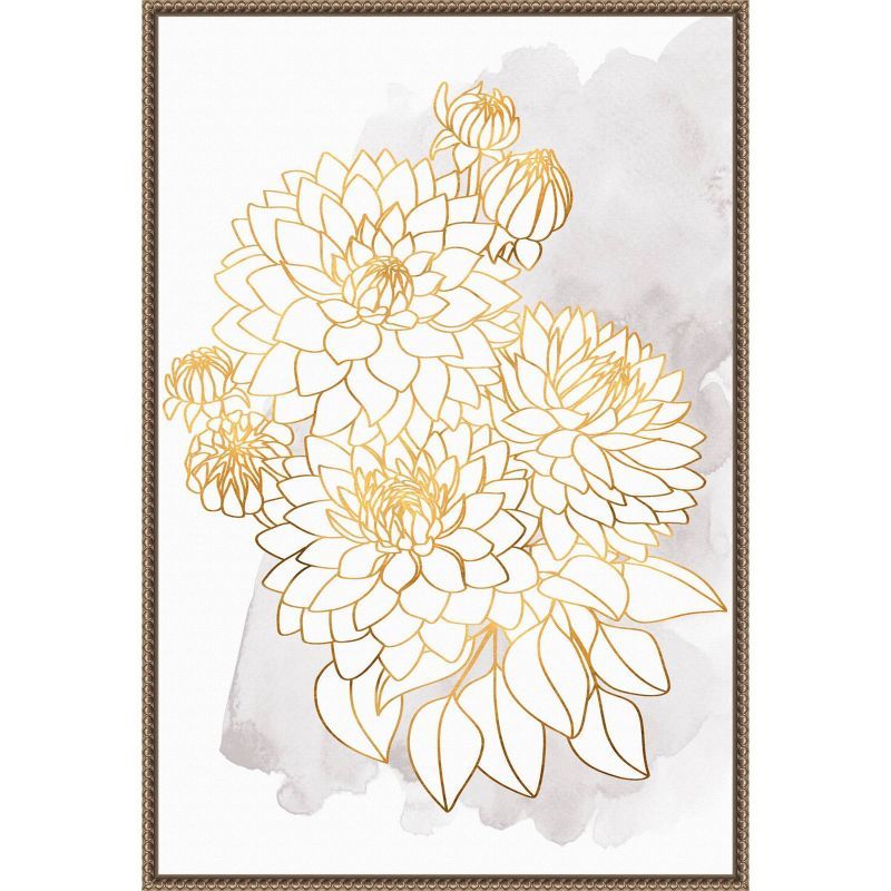 Gold and Gray Dahlia Bouquet Framed Canvas Wall Art