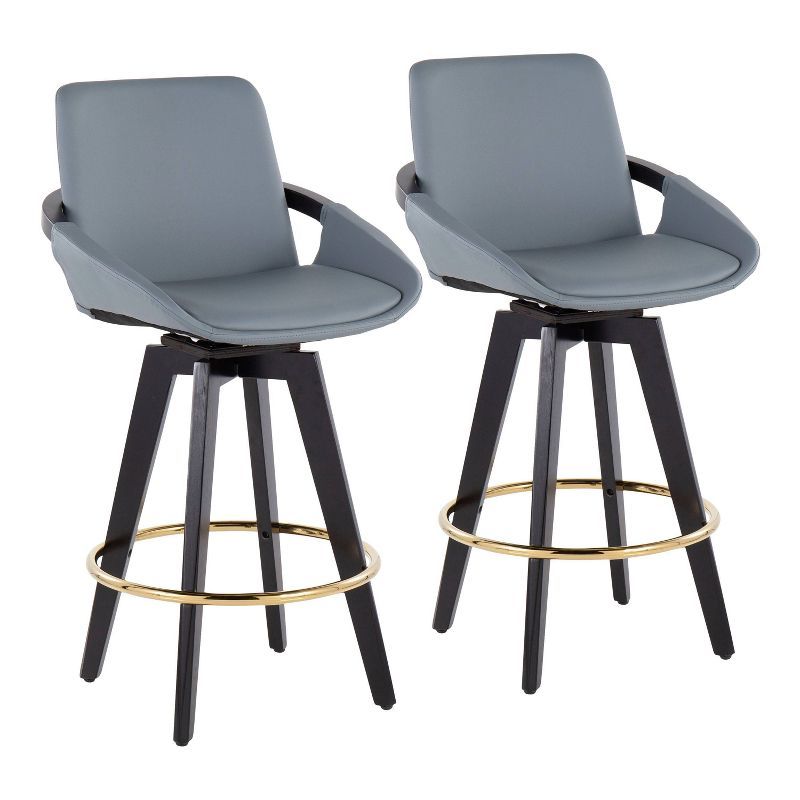 Set of 2 Black and Gray Faux Leather Swivel Barstools with Gold Footrest