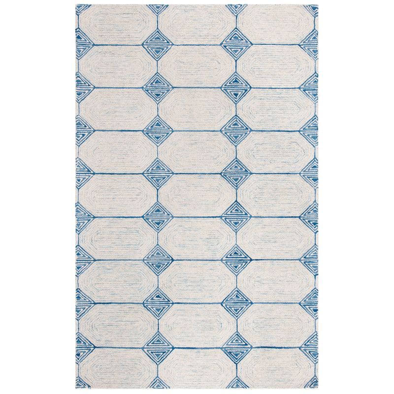 Ivory and Blue Handmade Abstract Wool Rug, 4' x 6'