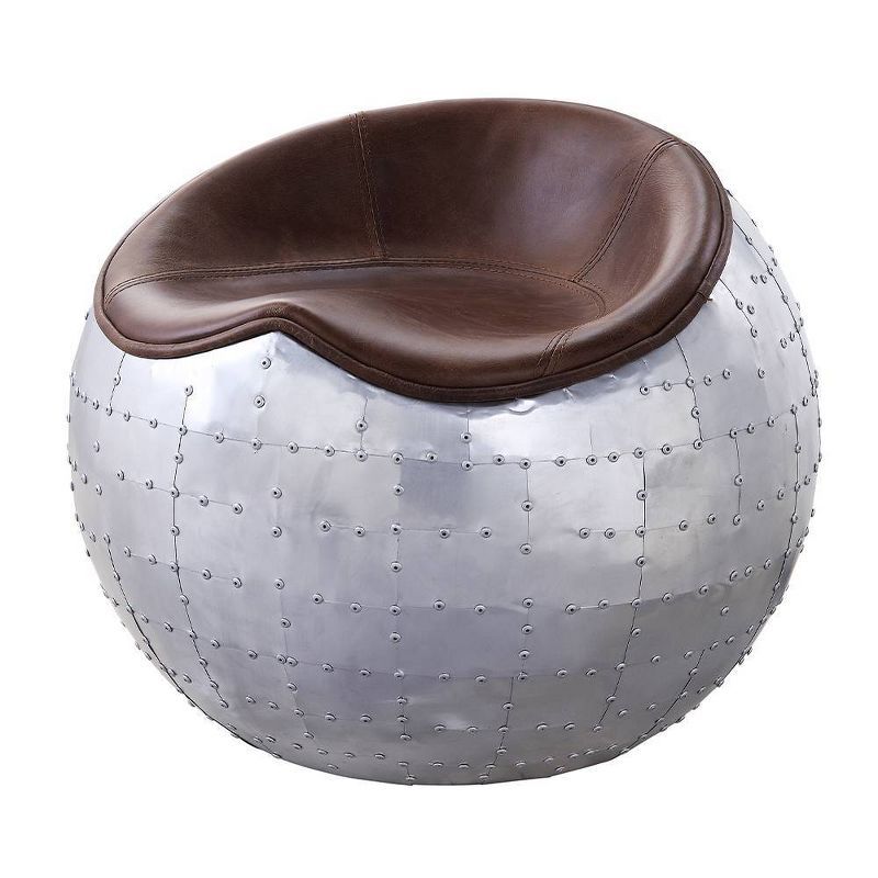 Retro Brown Top Grain Leather and Aluminum Round Ottoman