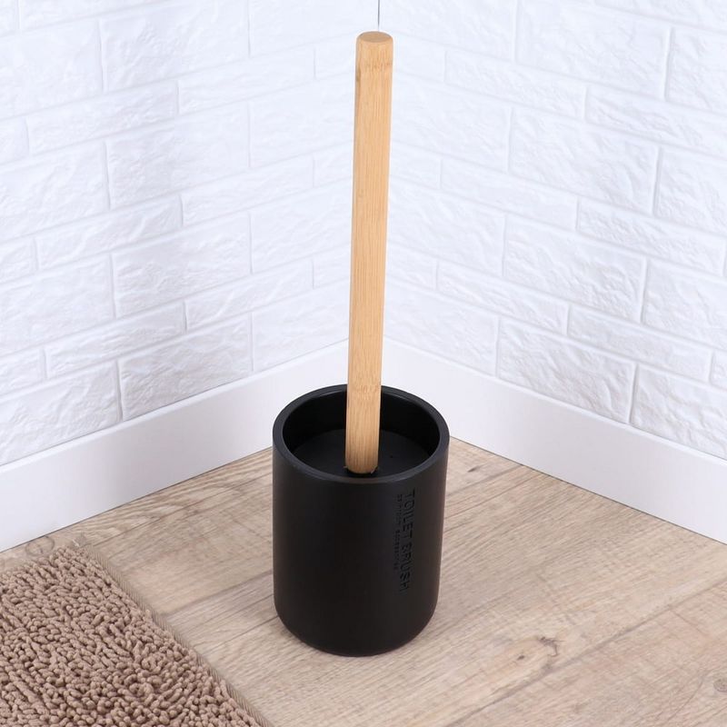 Matte Black Toilet Brush Holder Set with Bamboo Handle