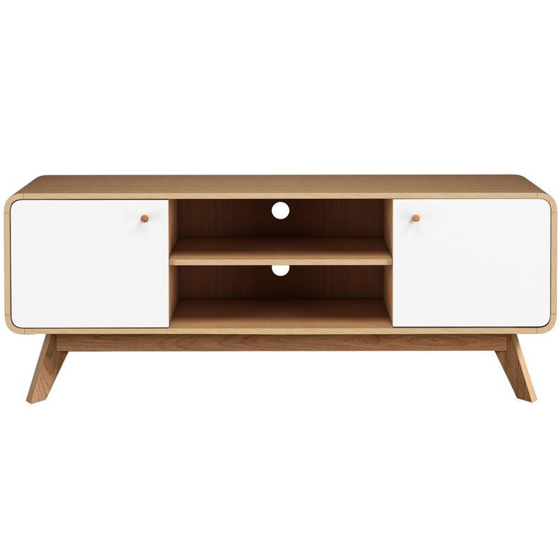 Leva Oak and White Mid-Century Modern TV Stand with Cabinet