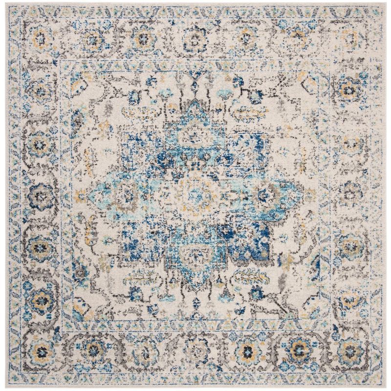 Ivory and Turquoise Hand-knotted Square Area Rug