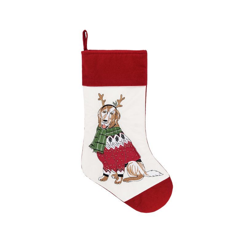 Red and Off-White Cotton Dog Embroidered Christmas Stocking