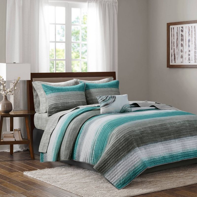 Aqua and Gray Reversible Microfiber Full Quilt Set