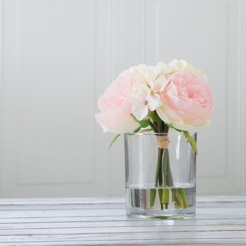 Pink and Cream Rose Hydrangea Bouquet in Clear Glass Vase