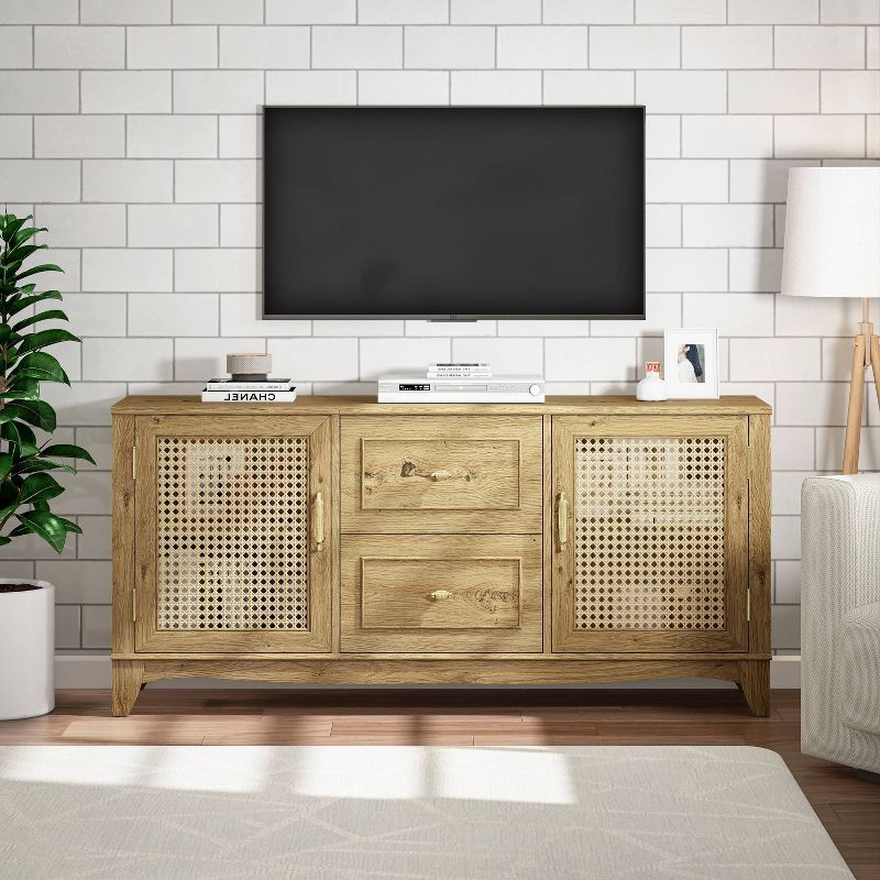 60" Beige Wood TV Stand with Cabinets and Drawers