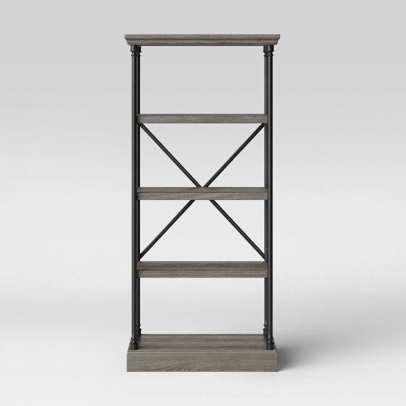 Gray Wood and Cast Iron Four-Tier Bookshelf