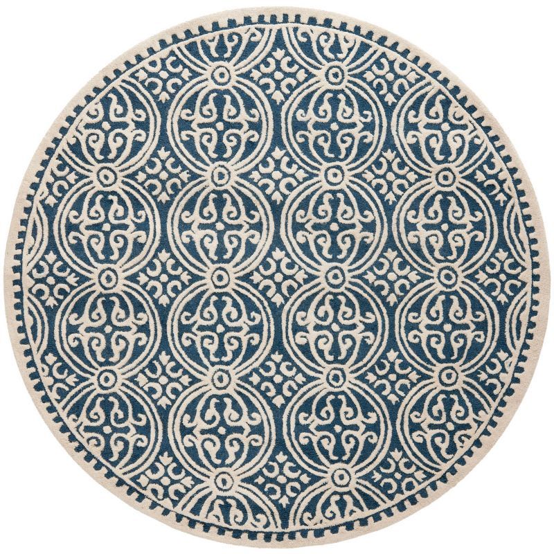 Navy Blue and Ivory Hand-Tufted Wool 6' Round Area Rug