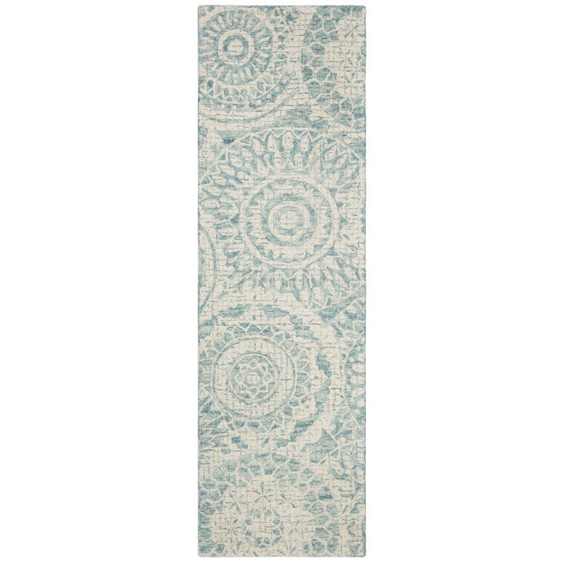 Ivory and Blue Abstract Handmade Wool Runner Rug