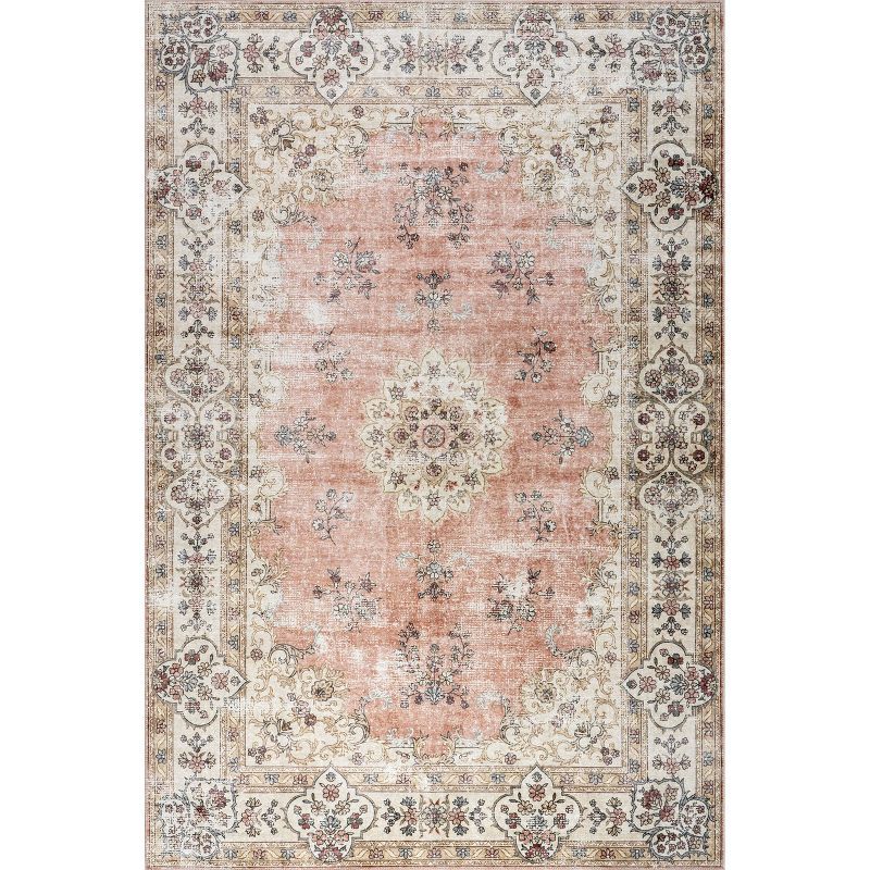 Teja Peach Persian Medallion Machine Washable Synthetic Area Rug, 3' x 5'