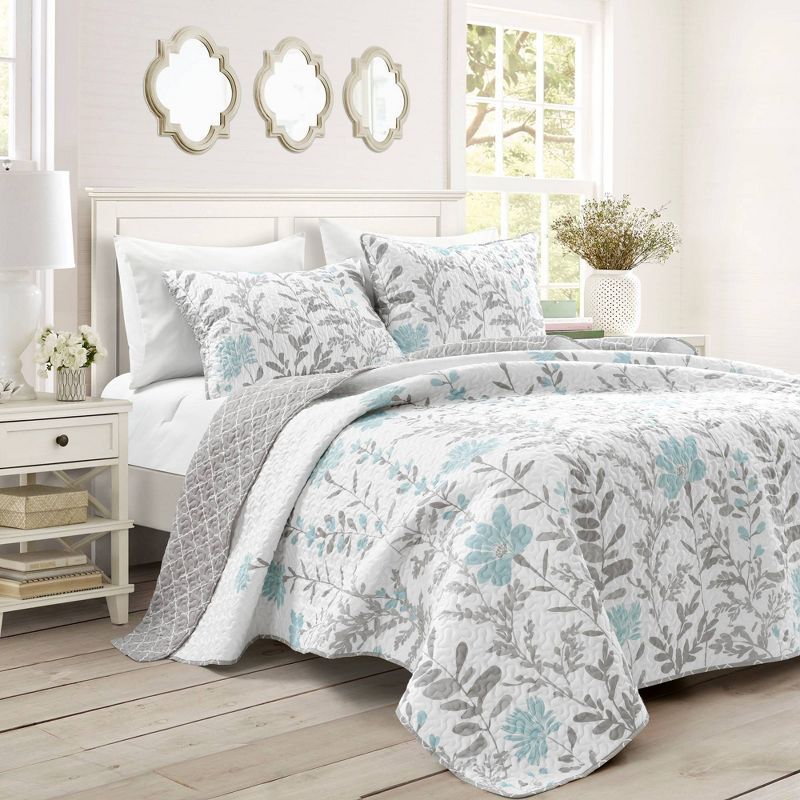 Blue and Gray Reversible Floral Microfiber Full Quilt Set