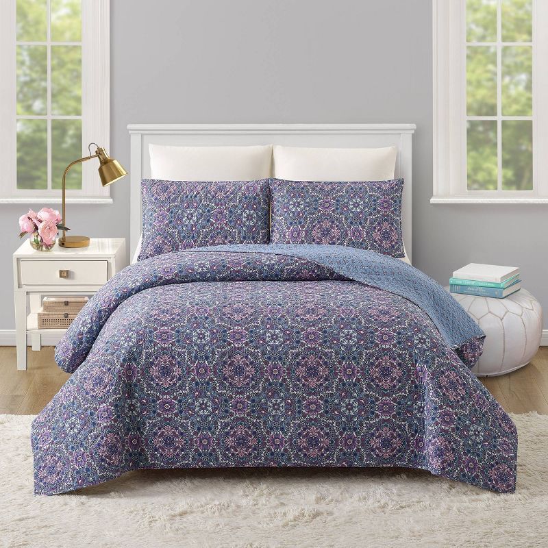 Lavender and Blue Cotton Reversible Full Quilt Set