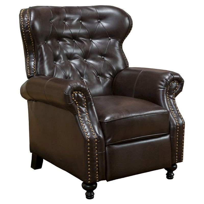 Handcrafted Brown Leather and Wood Recliner Accent Chair