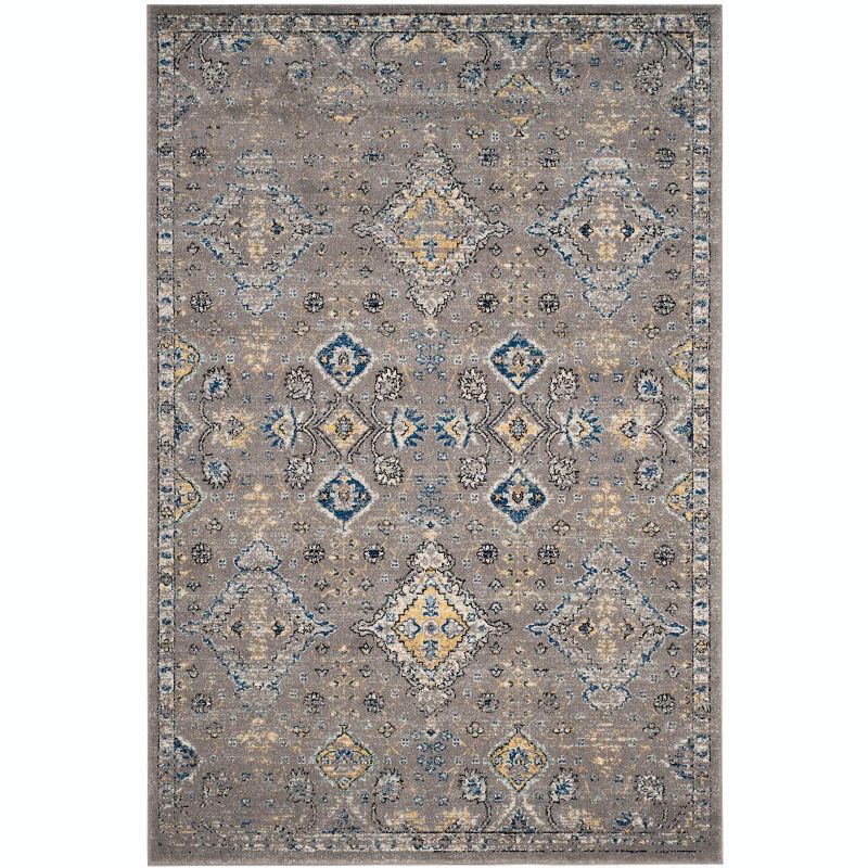 Dark Grey and Yellow Floral High Pile Synthetic Rug