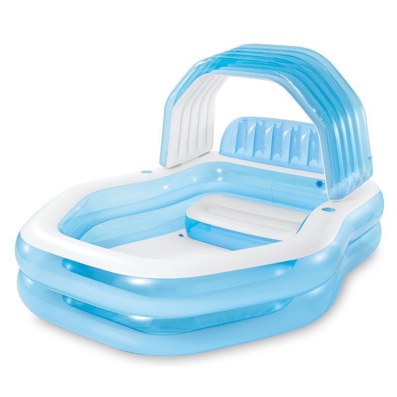 Blue and White Inflatable Family Pool with Sun Shade