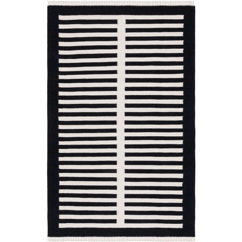 Hand-Woven Boho-Chic Black Stripe Wool Area Rug