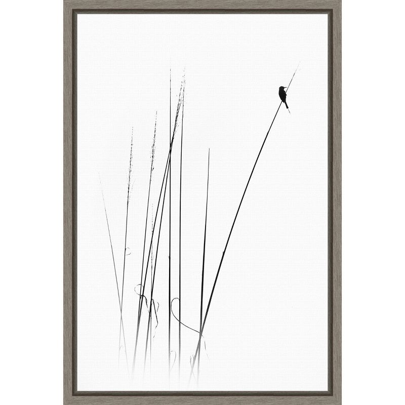 Minimalist Black and White Bird Canvas Print with Gray Frame