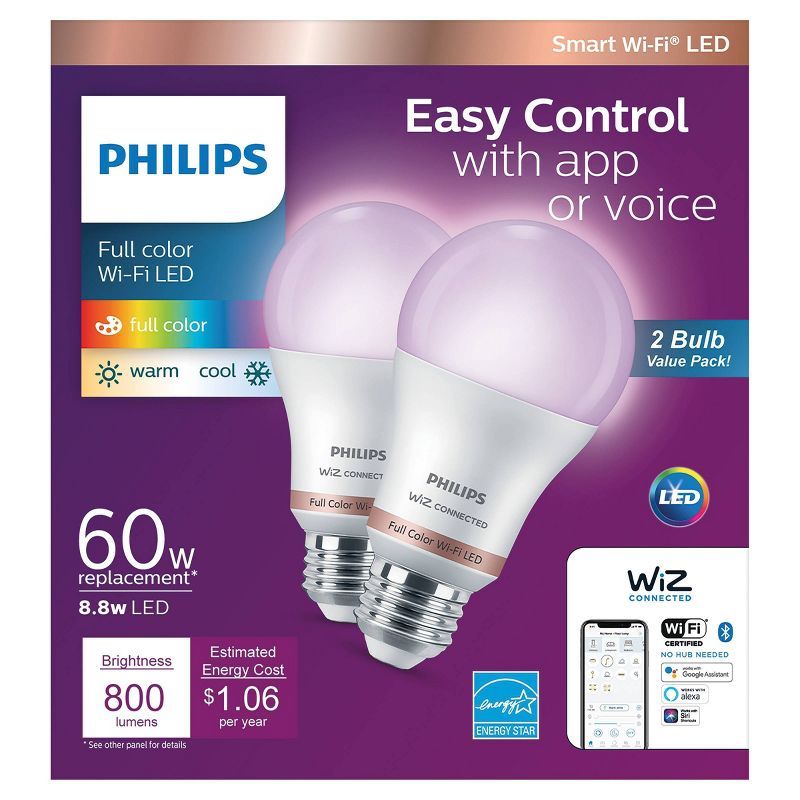 Philips 2-Pack 8.8W Smart Multicolor LED Wi-Fi Bulbs