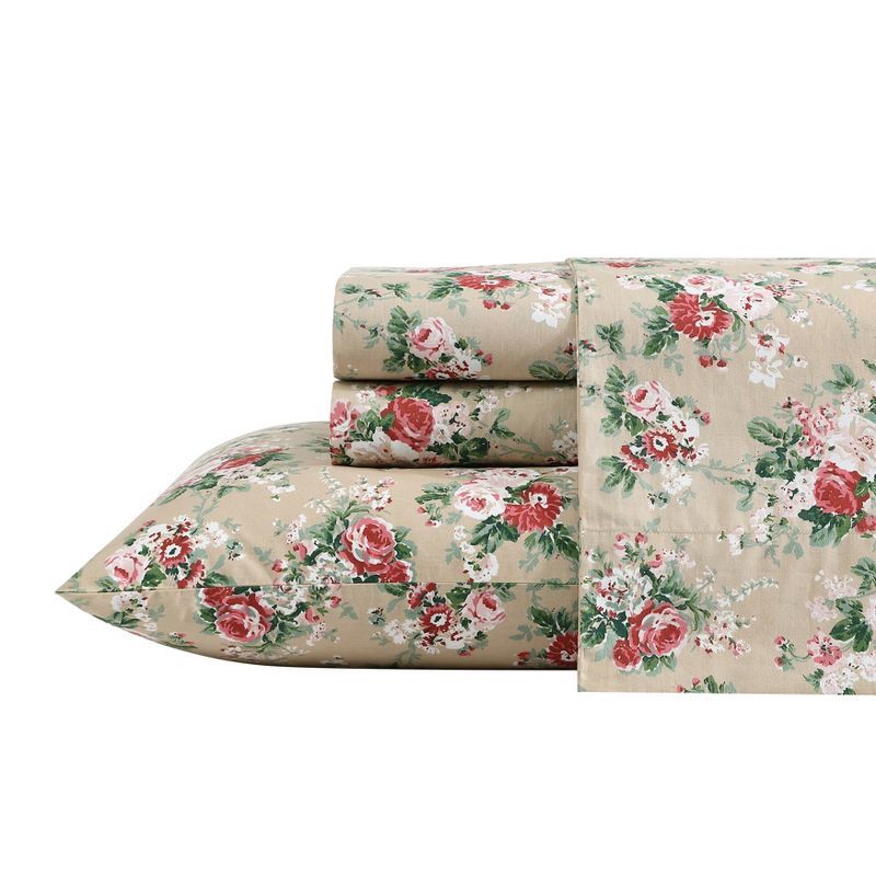 Twin Beige Floral Cotton Percale Sheet Set