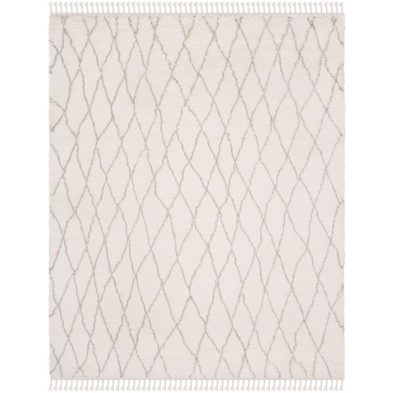 Ivory and Grey Hand-Knotted Wool Shag Rug 8' x 10'