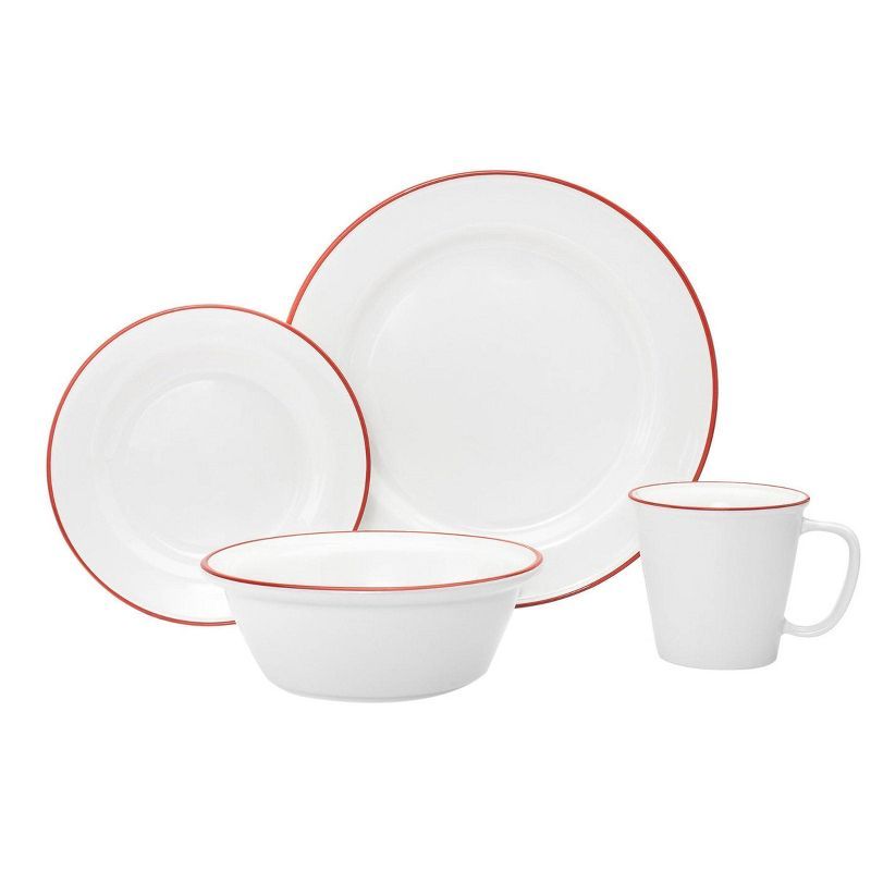 Red Rimmed Porcelain 16-Piece Dinnerware Set, Service for 4