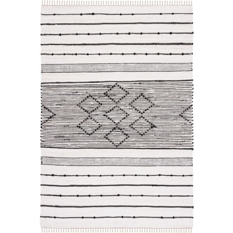 Boho Chic Black and Ivory Striped Kilim 5' x 8' Wool Area Rug