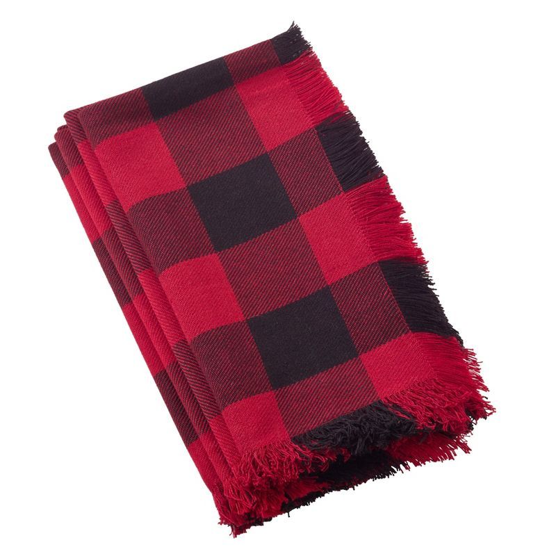 Red and Black Fringed Buffalo Plaid Cotton Napkins, Set of 4