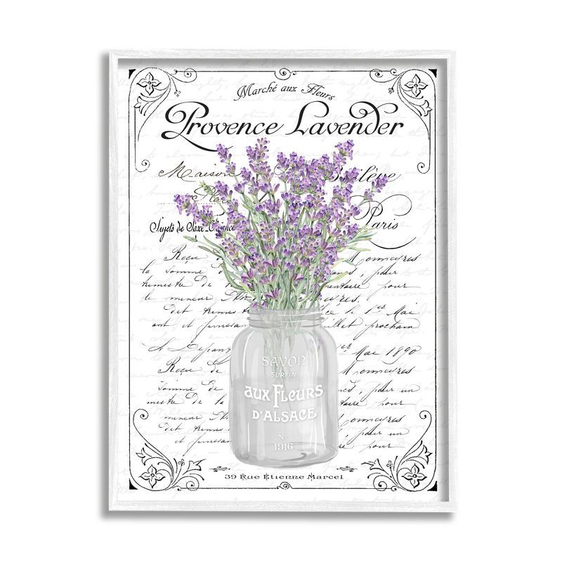 Lavender Sprigs Bouquet French Script Canvas Print in White Frame