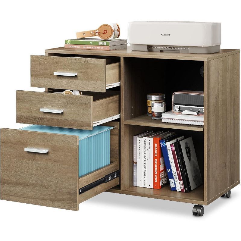 Gray Oak 3-Drawer Mobile Wood File Cabinet with Open Shelves