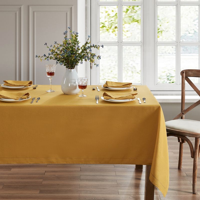 Golden Yellow Square Polyester Fabric Tablecloth with Eyelet Border