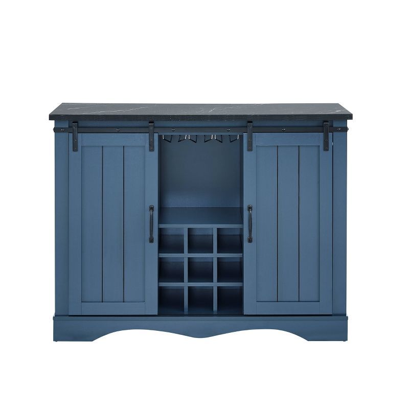 Navy Blue Rustic 47" Wood Bar Cabinet with Sliding Barn Door