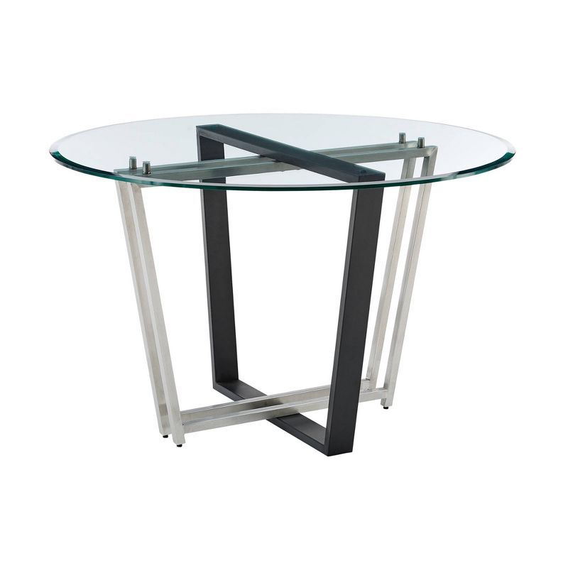 Devi 48" Round Glass Dining Table with Black Iron and Stainless Steel Base