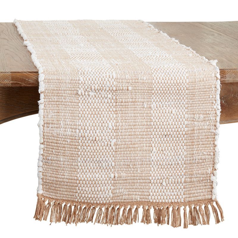 Natural Cotton Striped Chindi Table Runner with Fringe