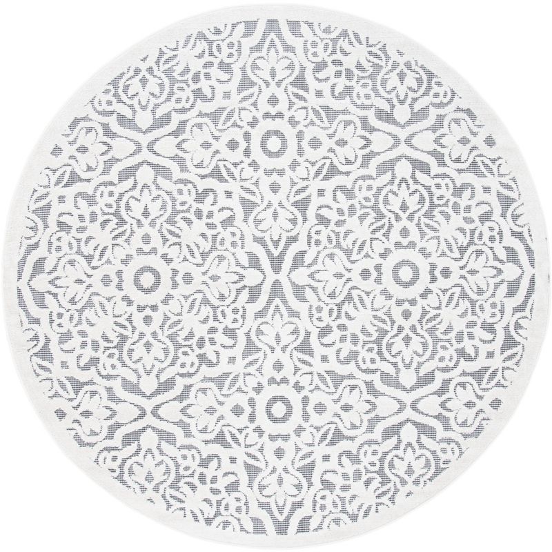 Ivory and Grey Round Geometric Synthetic Indoor/Outdoor Rug