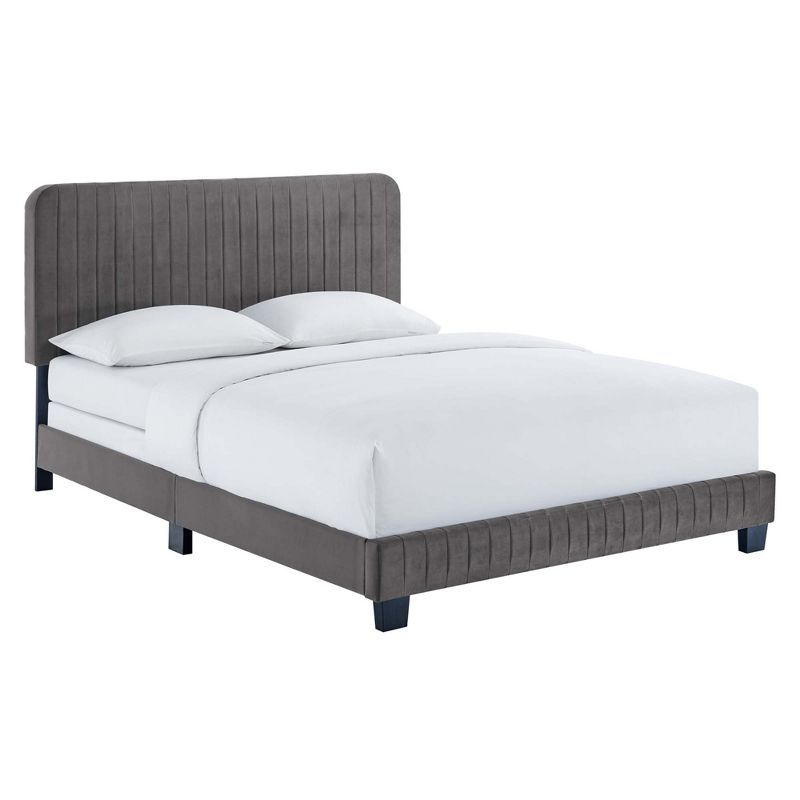 Luxurious Gray Velvet King Bed with Channel Tufted Headboard