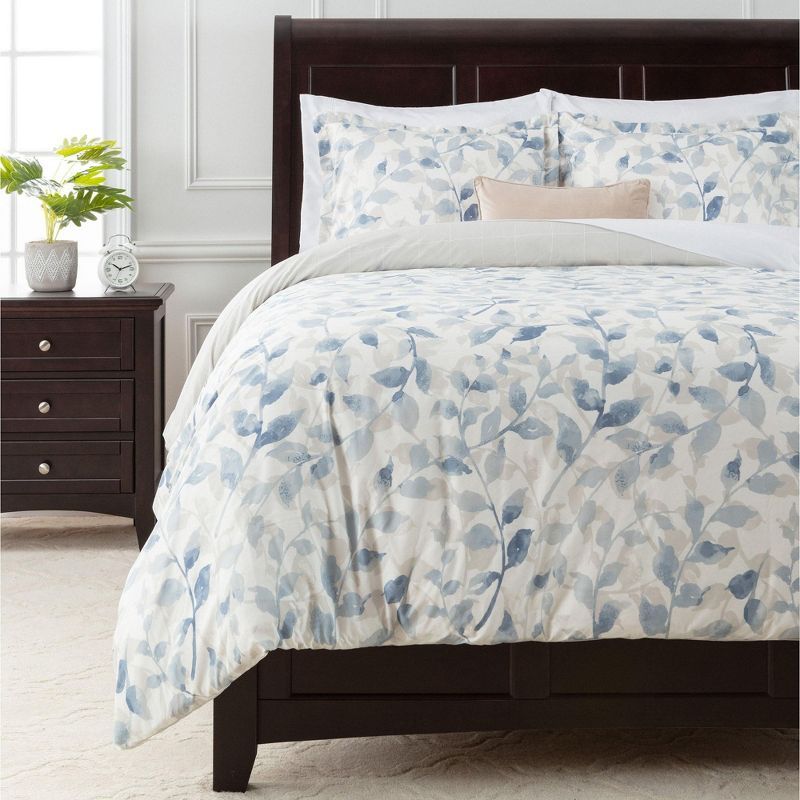 Blue Taupe Layered Leaf Microfiber Queen Duvet Cover Set