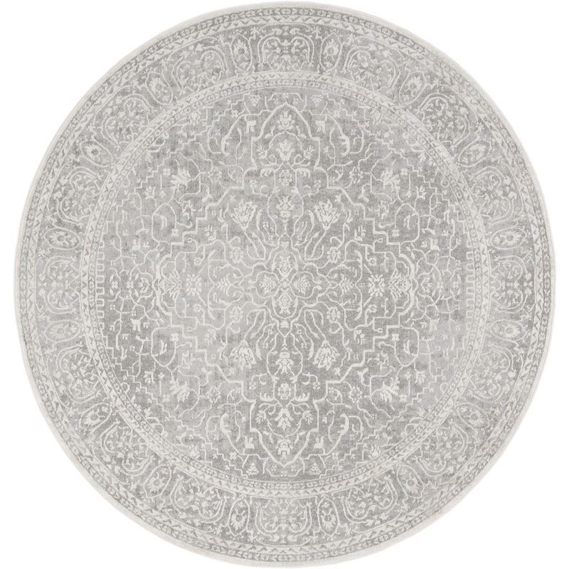 Light Grey and Cream Round Floral Cotton Area Rug