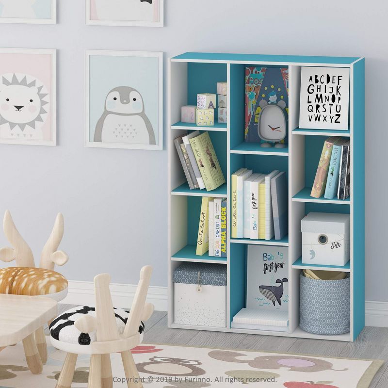 White and Light Blue 11-Cube Wood Bookcase