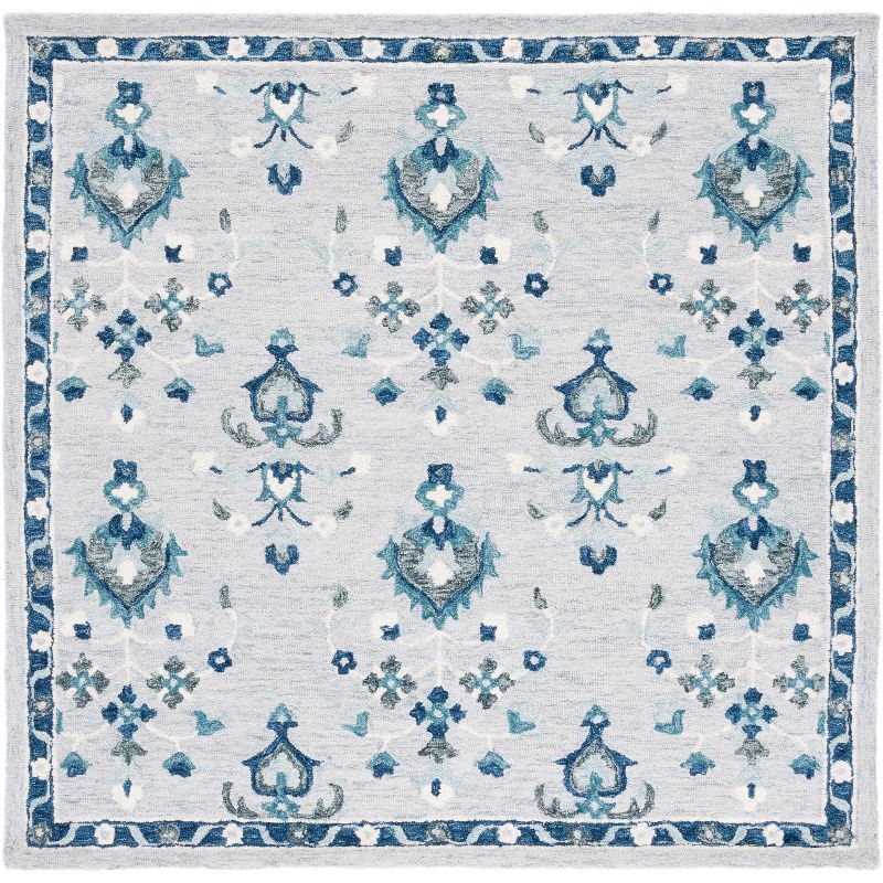 Elegant Country Floral Hand-Tufted Wool Area Rug - 6' Square Blue