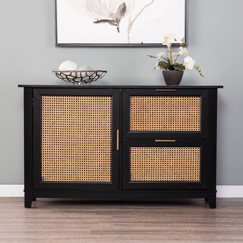 Black and Natural Rattan Adjustable Storage Cabinet with Brass Hardware